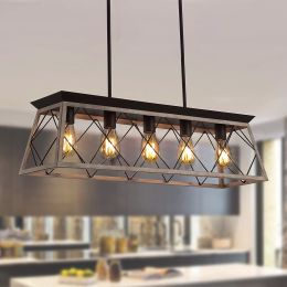 Farmhouse Rectangular Chandelier Rustic, 5-Lights Kitchen Island Lighting, Linear Island Light Fixture Farmhouse Pendant Lighting Fixtures for Dining