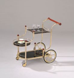 ACME Lacy Serving Cart; Gold Plated; Cherry Wood & Black Glass YF