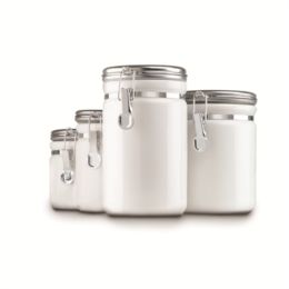 Anchor Hocking Ceramic Clamp Top Canister 4 PIece Set with Stainless Steel Lid