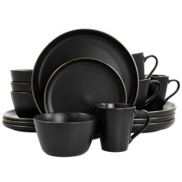 Elama Paul 16 Piece Stoneware Dinnerware Set in Matte Black with Gold Rim