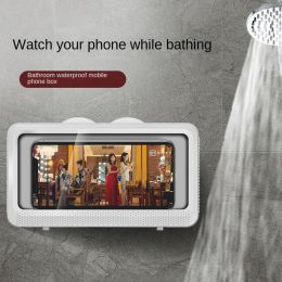 Bathroom waterproof mobile phone box bracket shell touch screen shower horizontal and vertical wall mounted hole free kitchen watch video drama (colour: One free patch for white cat ear bathroom mobile phone box)