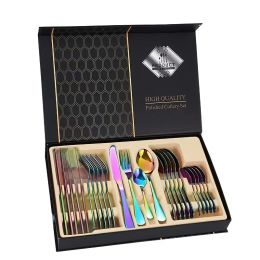 Flatware Set 24 Pieces Silverware Stainless Steel Cutlery Set Include Knife Fork Spoon Mirror Polished Dishwasher Safe (Color: colorful)
