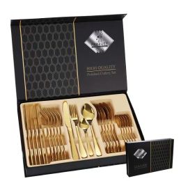 Flatware Set 24 Pieces Silverware Stainless Steel Cutlery Set Include Knife Fork Spoon Mirror Polished Dishwasher Safe (Color: golden)