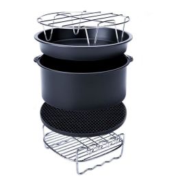 Kitchen Cooking Tool 10Pcs Accessory Baking Basket Pizza Plate Grill Pot For Airfryer 3.2-5.8QT (Color: Black, size: 7 Inch)